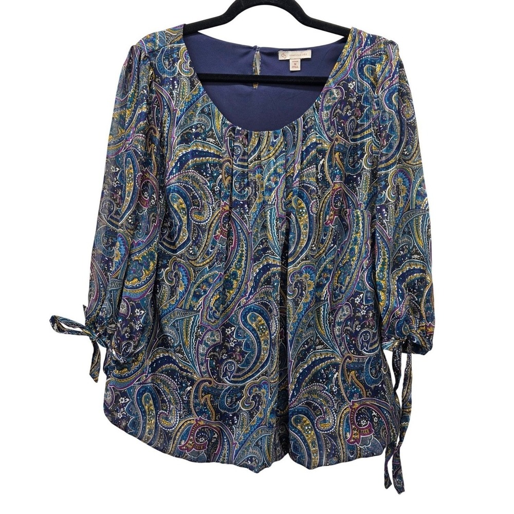 Dress Barn Women's 1X Paisley Metallic‎ Tie Sleeve Blouse Blue Multi Pattern